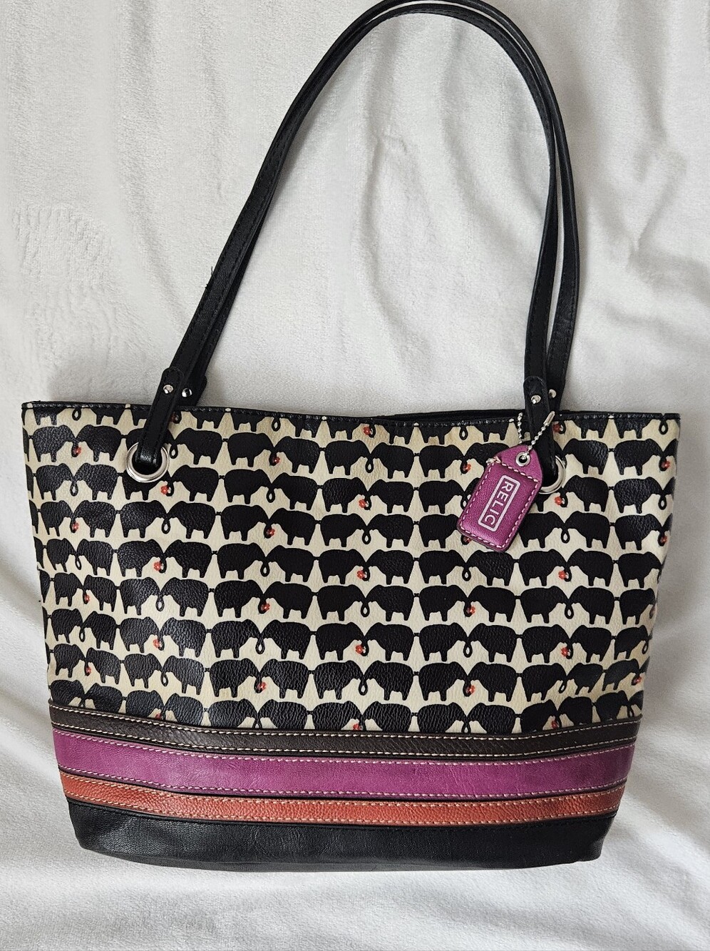 Relic by Fossil Black, Cream, Rust Orange & Magenta Elephant Patterned Tote